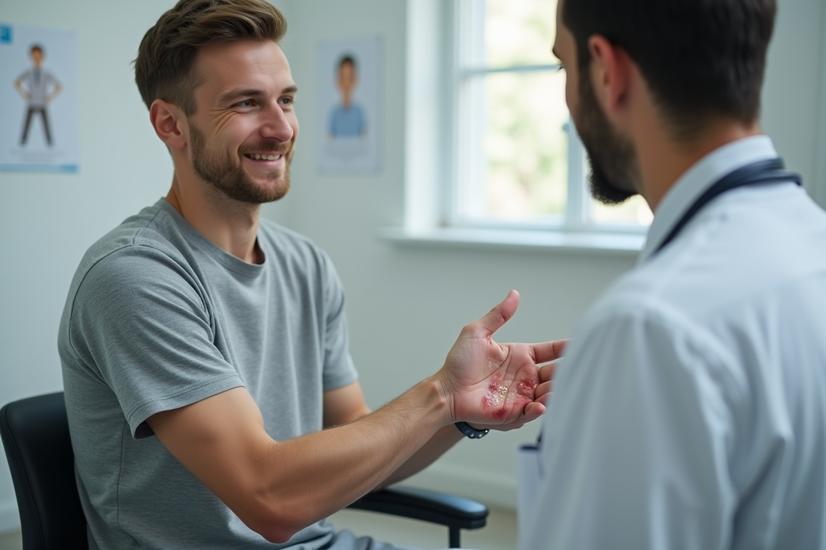 Jeune homme montrant ses problèmes de peau au médecin