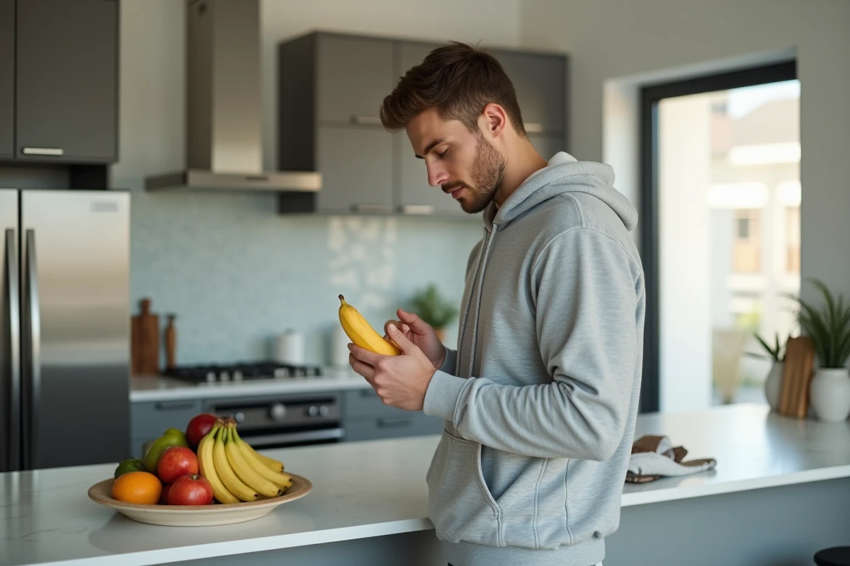 Jeune homme dans la cuisine examine une banane