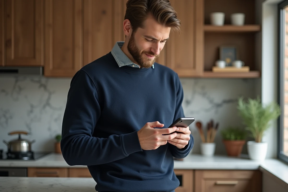Jeune homme dans une cuisine moderne supprimant un message sur son t&eacute;l&eacute;phone