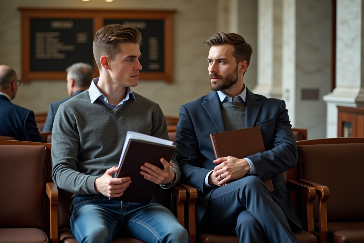 Jeune homme et avocat discutent de documents dans un hall d courthouse