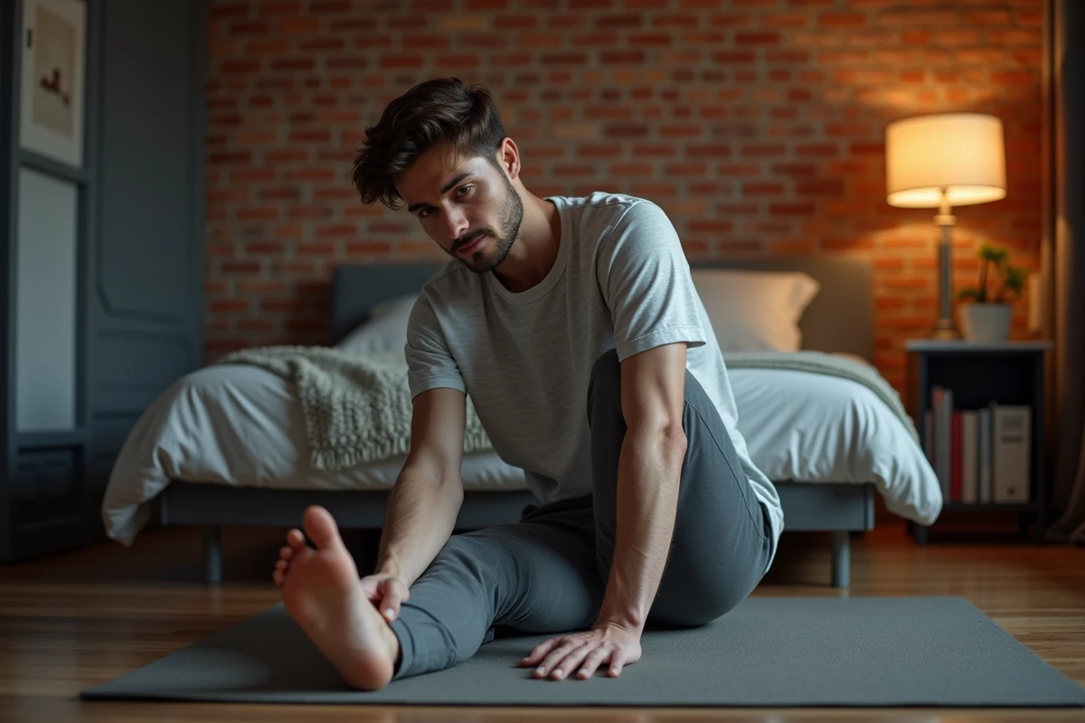 Jeune homme faisant un &eacute;tirement sur un tapis de yoga