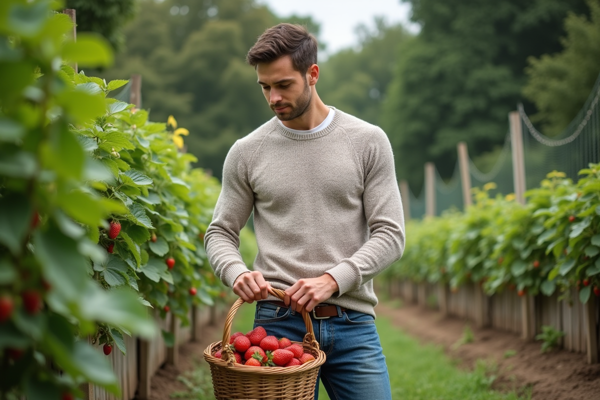 Jeune homme cueillant des fraises dans un jardin communautaire
