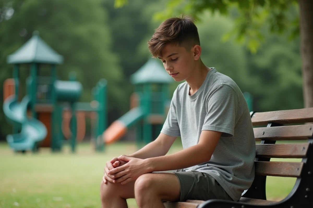 Jeune homme assis sur un banc dans un parc en train de toucher son genou