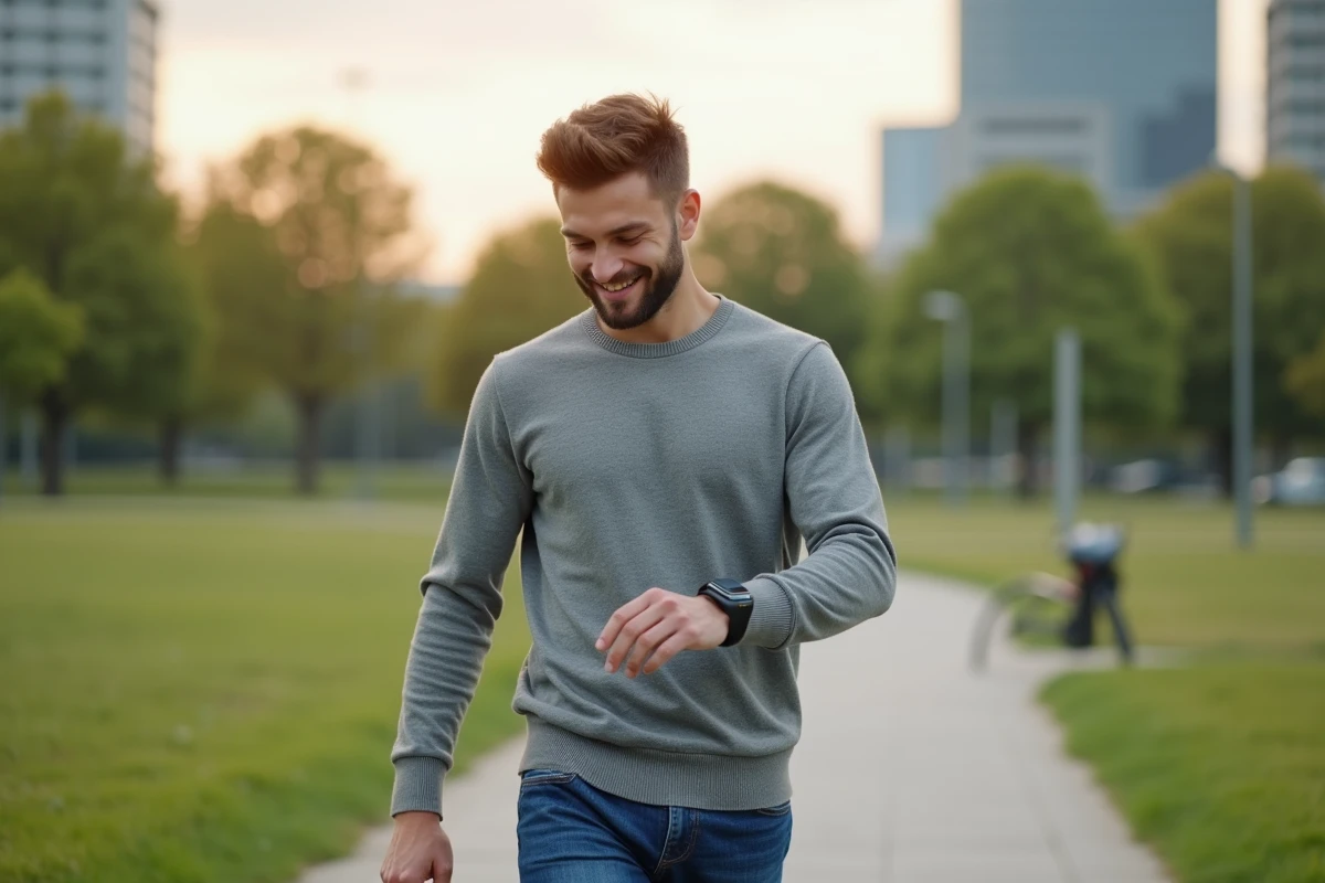 Jeune homme marche dans un parc après coaching sportif