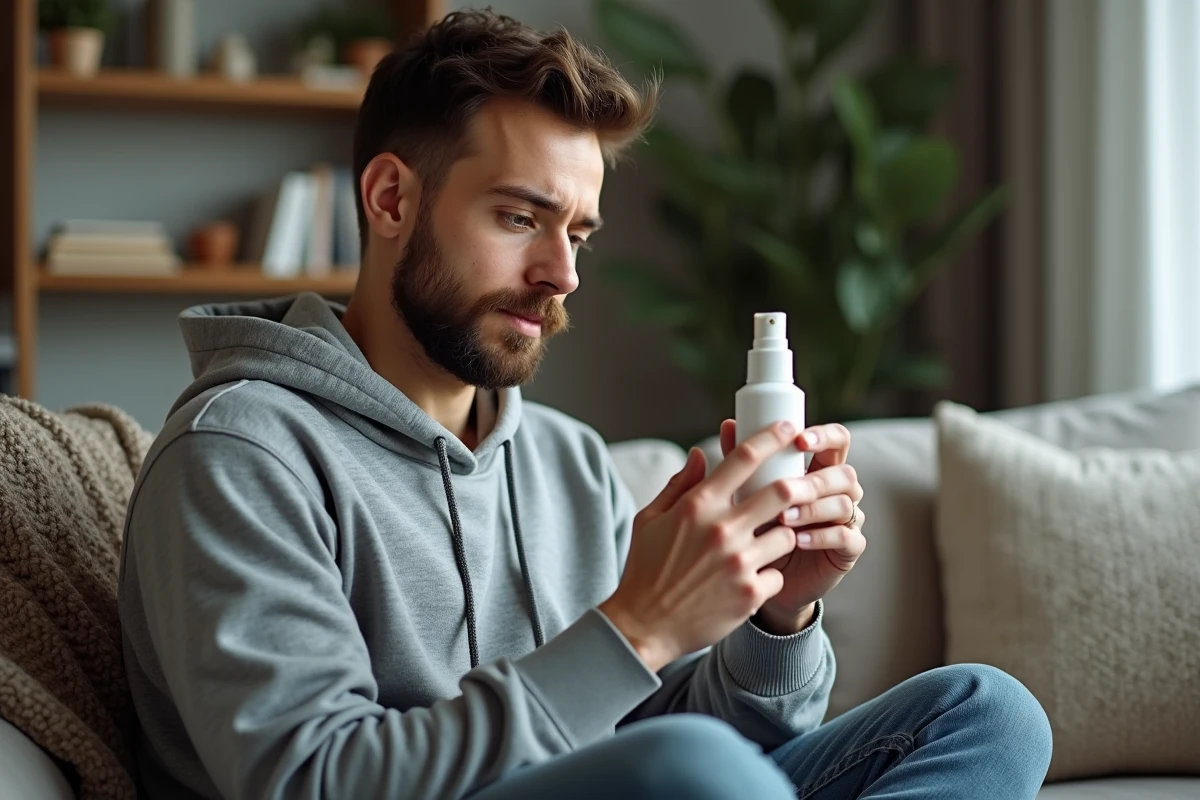 Jeune homme utilisant un spray nasal dans le salon
