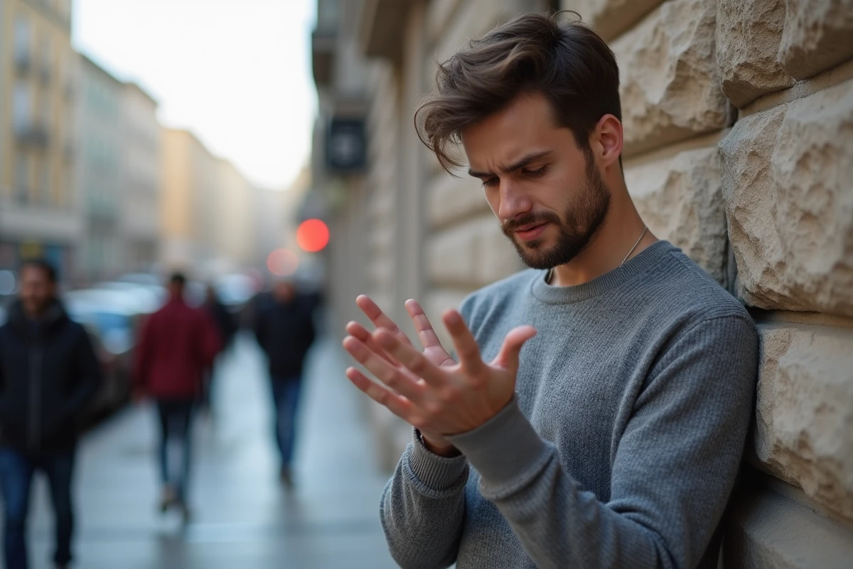 Jeune homme dans la rue examinant sa main avec perplexite