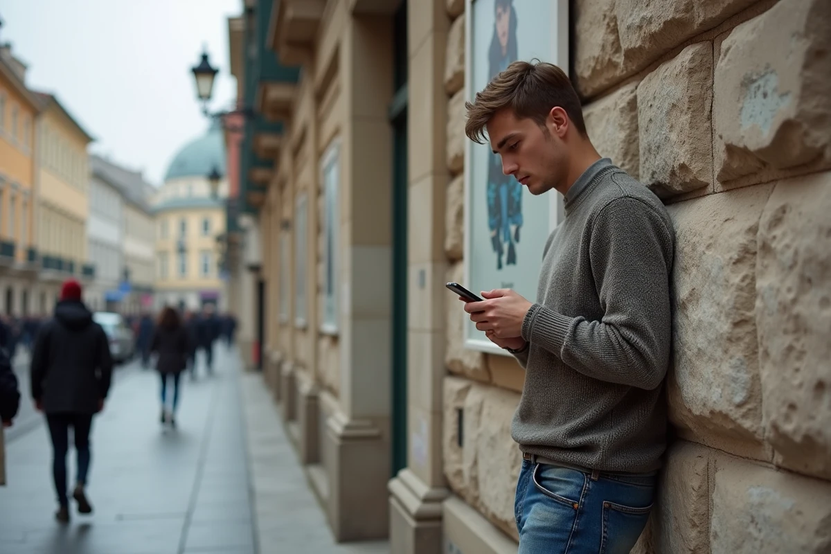 Jeune homme dans la rue regardant son t&eacute;l&eacute;phone pr&egrave;s d&rsquo;un mur