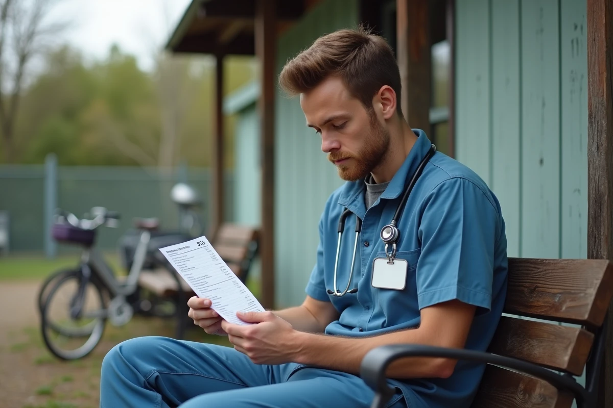 Jeune veterinaire assis dehors regardant sa fiche de paie