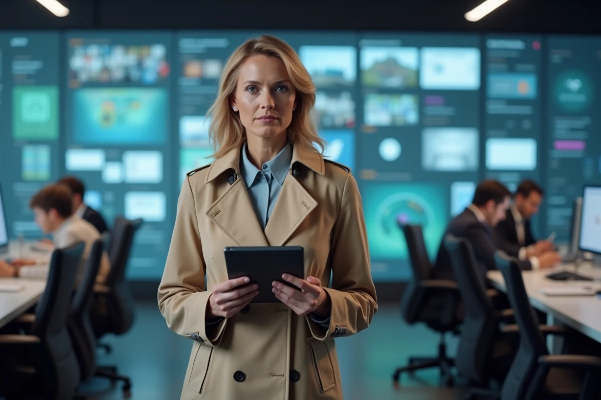 Journaliste femme analysant des informations non vérifiées sur écran dans une salle de rédaction moderne, symbole de la lutte contre les rumeurs médiatiques