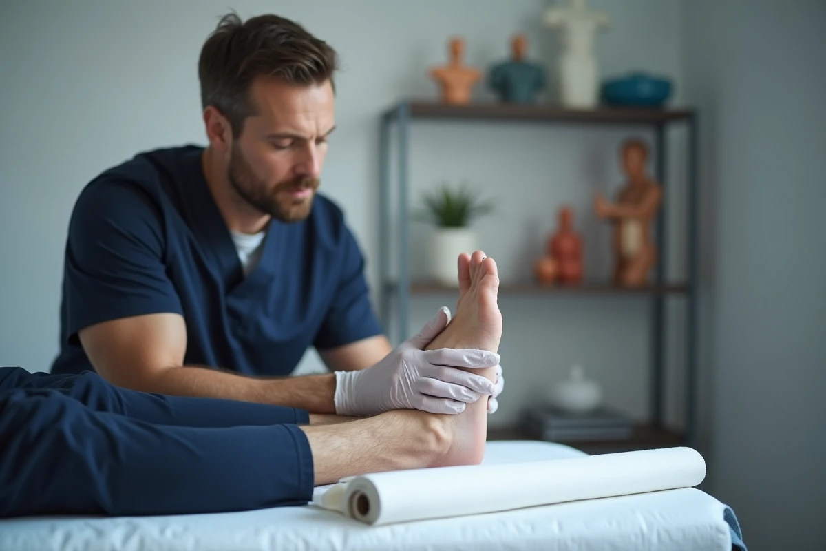 Kinésithérapeute examinant le pied d'un patient pour diagnostiquer une bursite de l'orteil en cabinet de rééducation