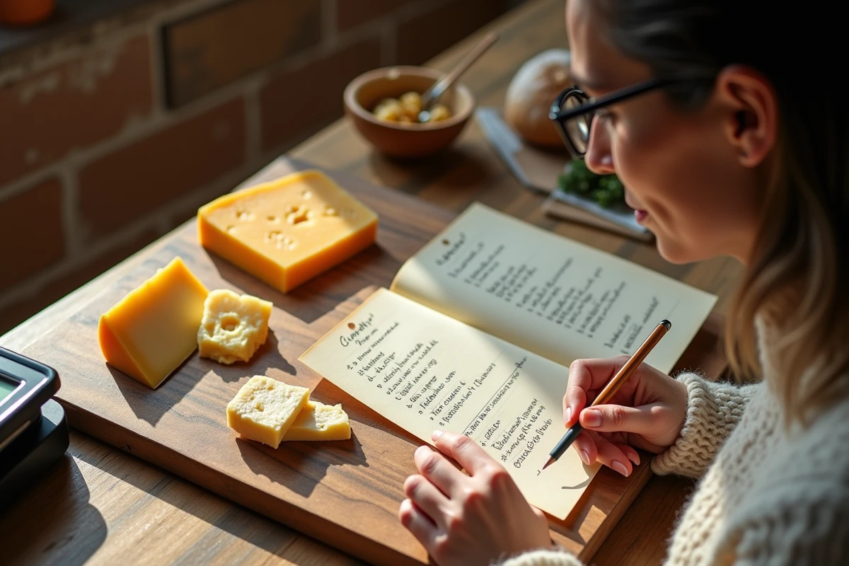 Femme diabétique consultant une liste de fromages adaptés pour raclette avec portions mesurées et balance de cuisine sur table en bois rustique