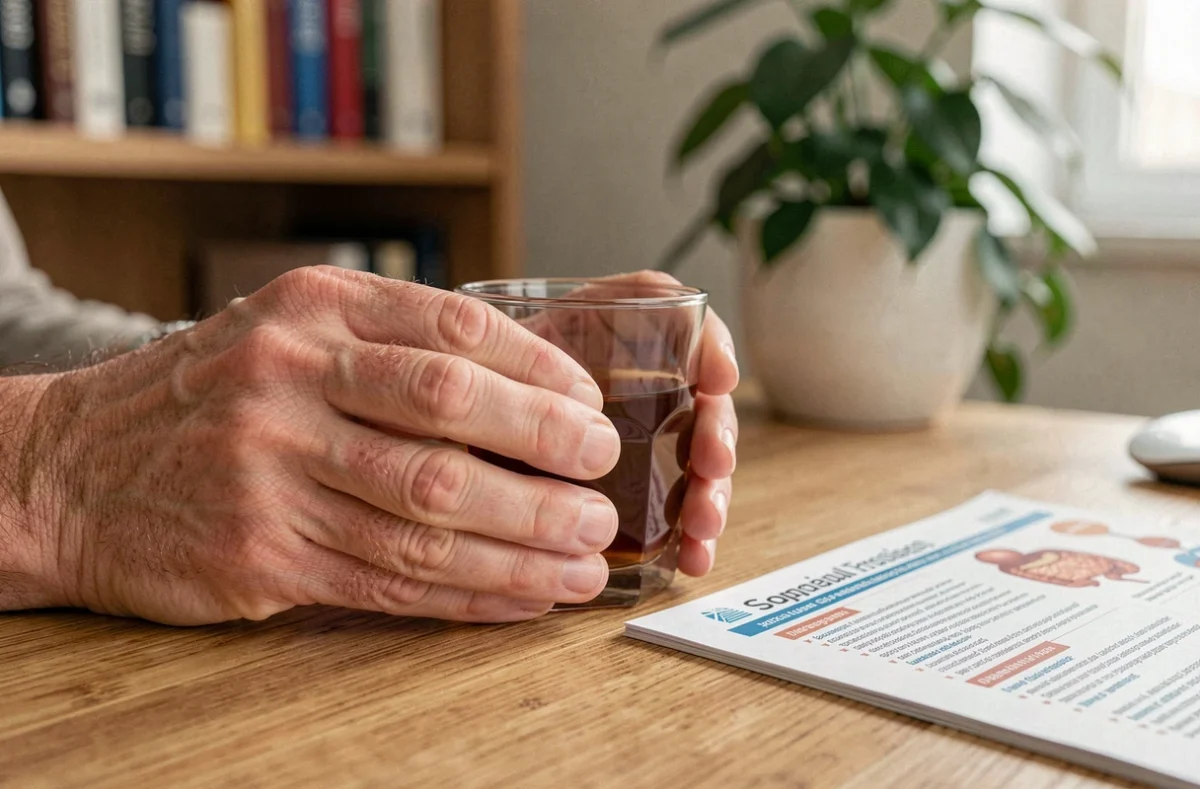 Gros plan sur des mains tenant une tisane digestive avec un document médical sur les troubles gastriques