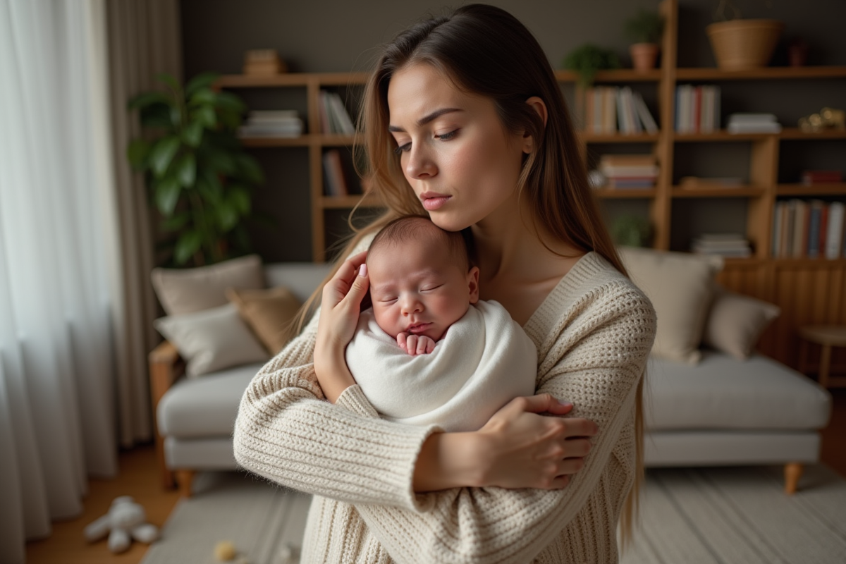 Jeune maman avec bébé dans un salon chaleureux