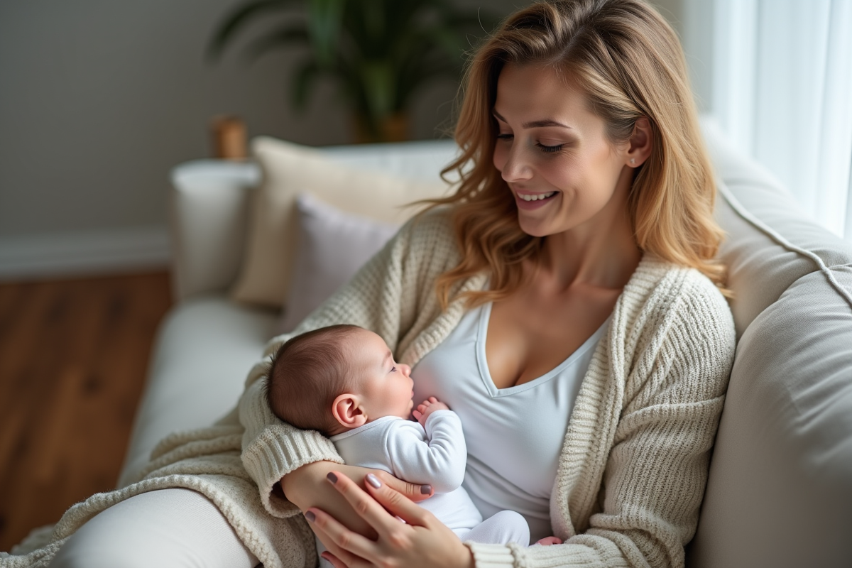 Maman souriante nourrissant son bébé dans un salon cosy