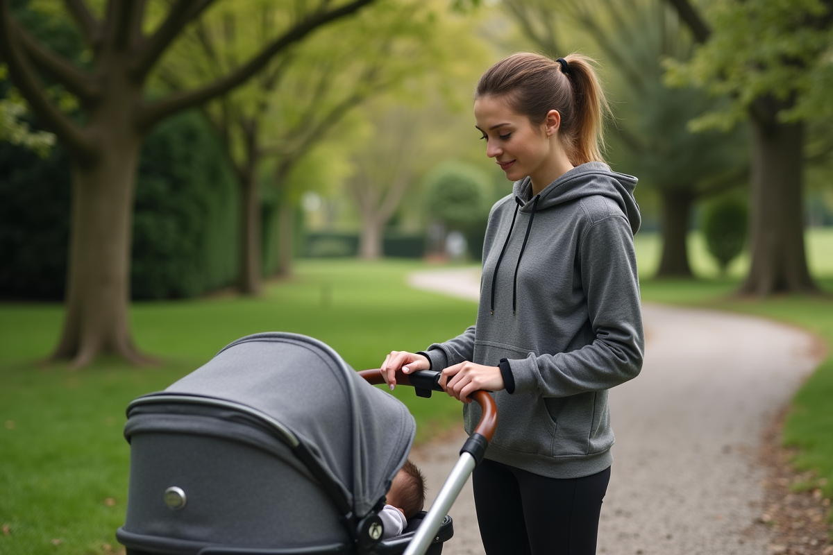 Jeune maman poussant une poussette dans un parc verdoyant