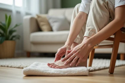 Femme massant délicatement l'orteil douloureux atteint de bursite, assise chez elle sur une chaise en bois