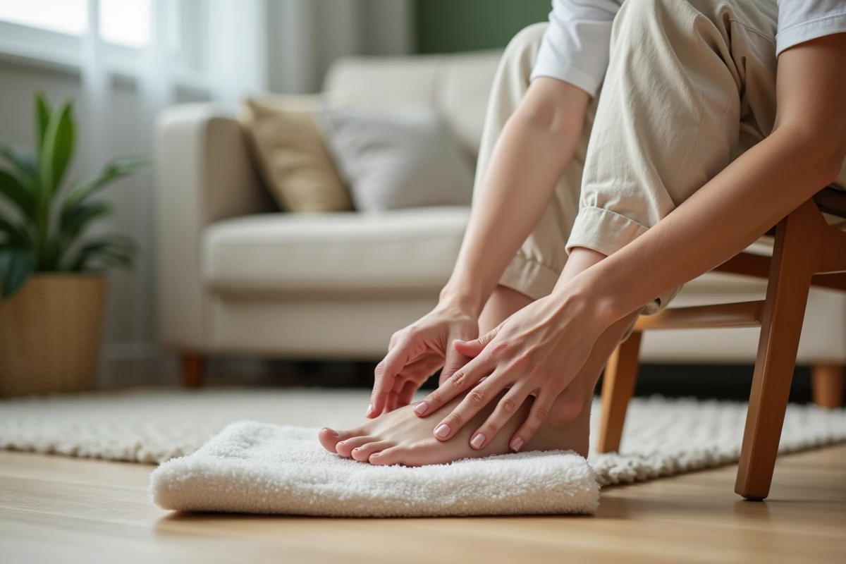 Femme massant délicatement l'orteil douloureux atteint de bursite, assise chez elle sur une chaise en bois