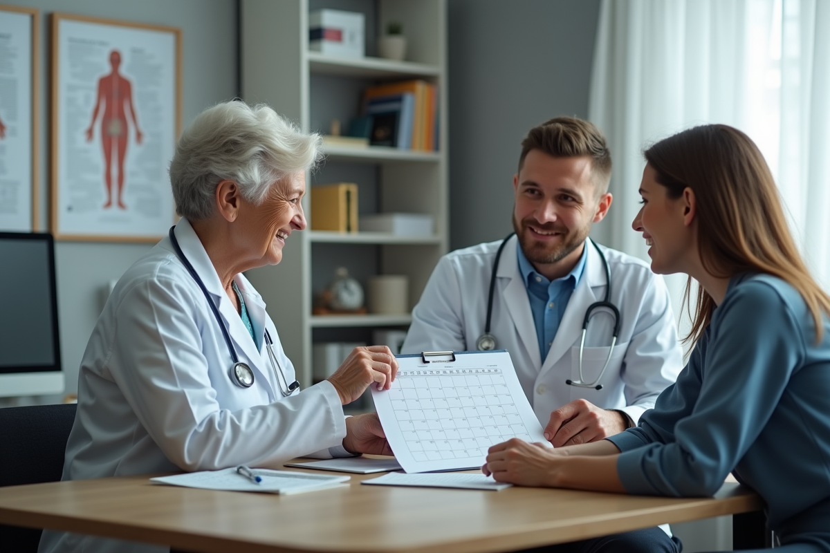 Medecin examinant un calendrier avec un jeune couple