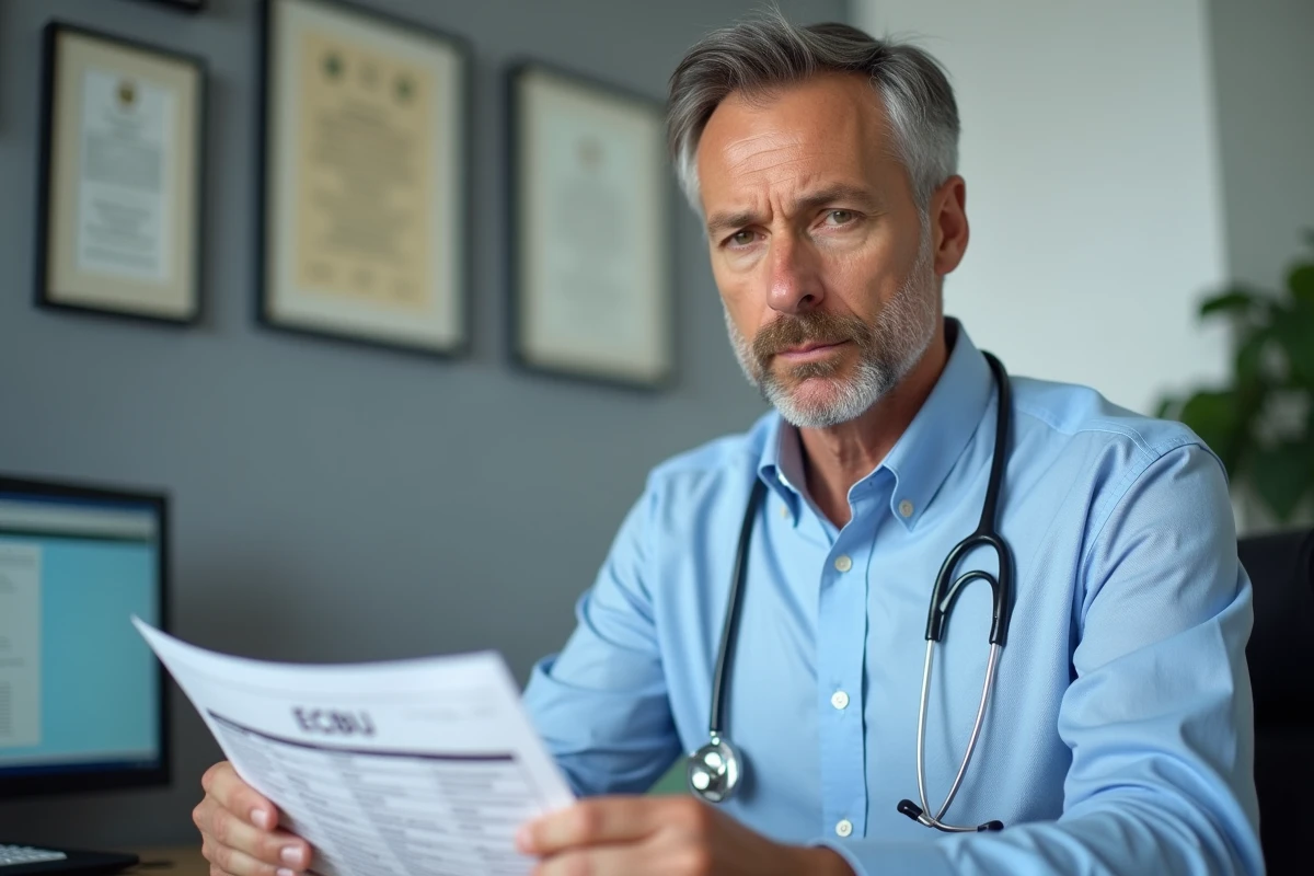 Médecin consultant les résultats d'un ECBU avec présence de cellules épithéliales dans les urines