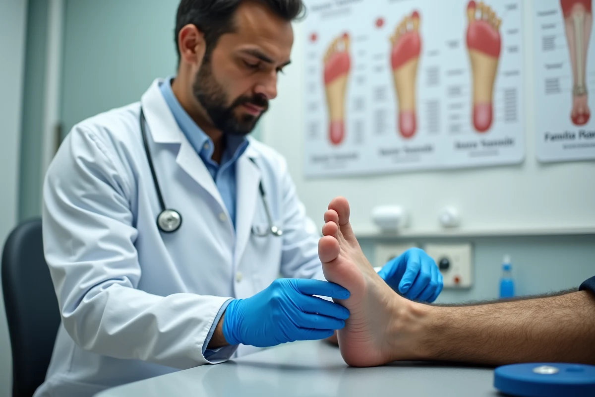 Médecin examinant le dessus du pied d'un patient pour diagnostiquer une chaleur anormale