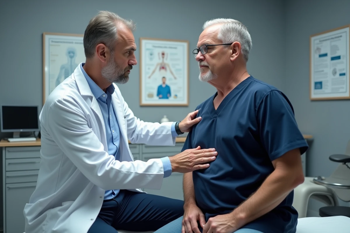 Médecin examinant la cage thoracique d'un patient pour diagnostiquer une douleur intercostale récurrente en consultation spécialisée