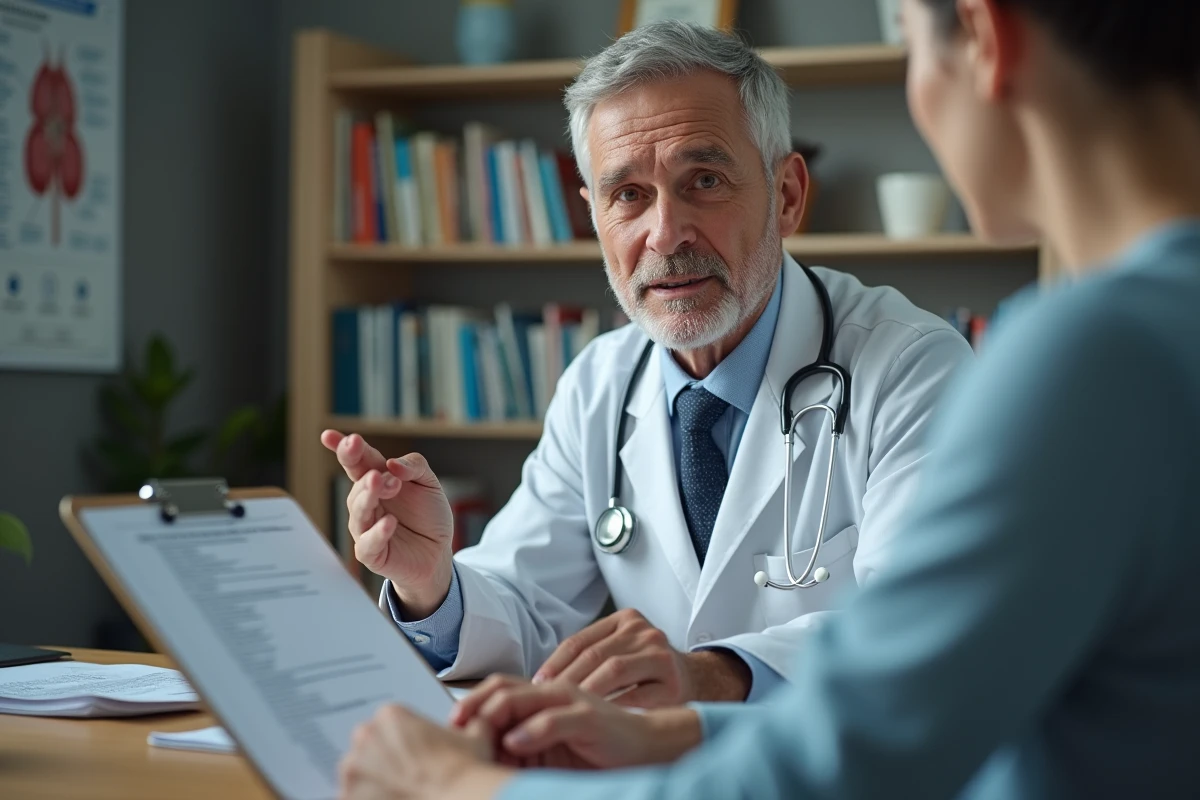 Medecin en blouse blanche explique un résultat de test au cabinet