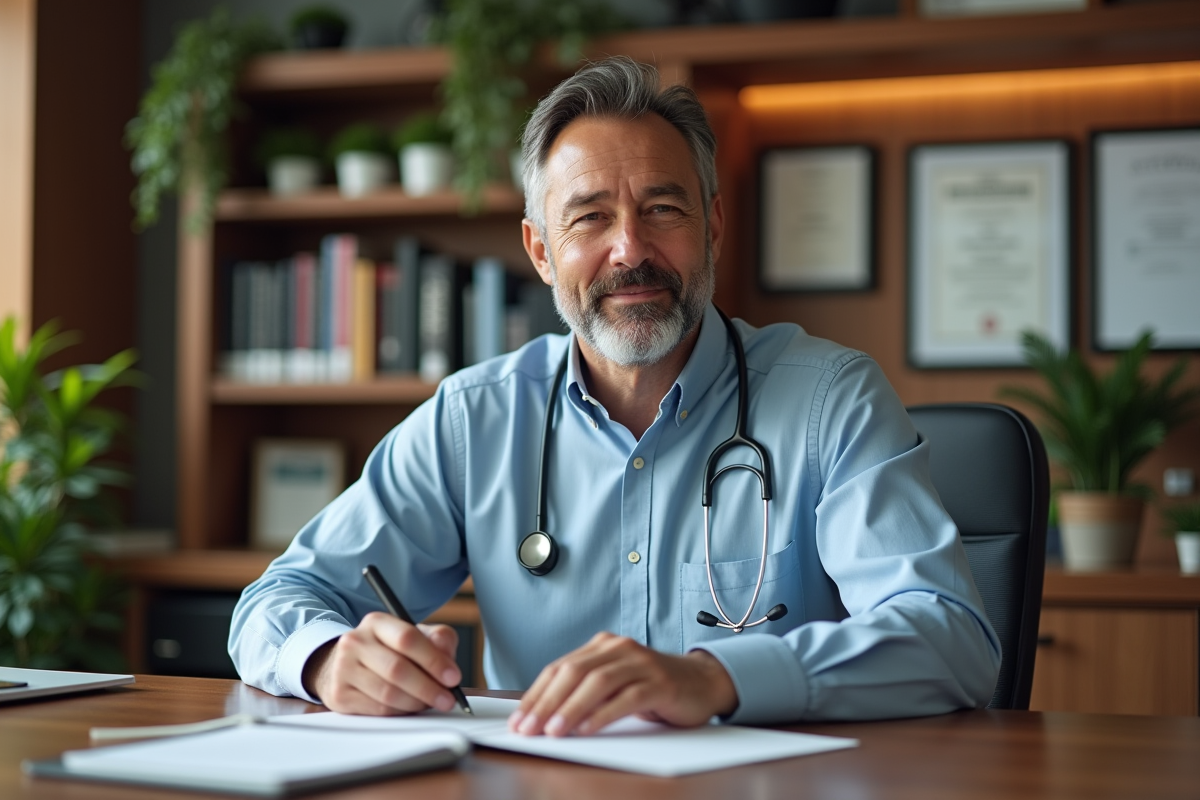 Médecin généraliste en consultation dans son cabinet