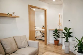 Salle d'attente moderne d'un cabinet d'ostéopathie dans le Val-d'Oise avec table de traitement et modèle anatomique