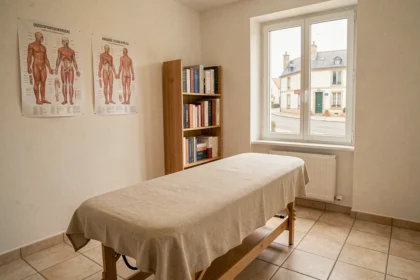 Cabinet d'ostéopathie en Vendée avec table de traitement et ambiance professionnelle