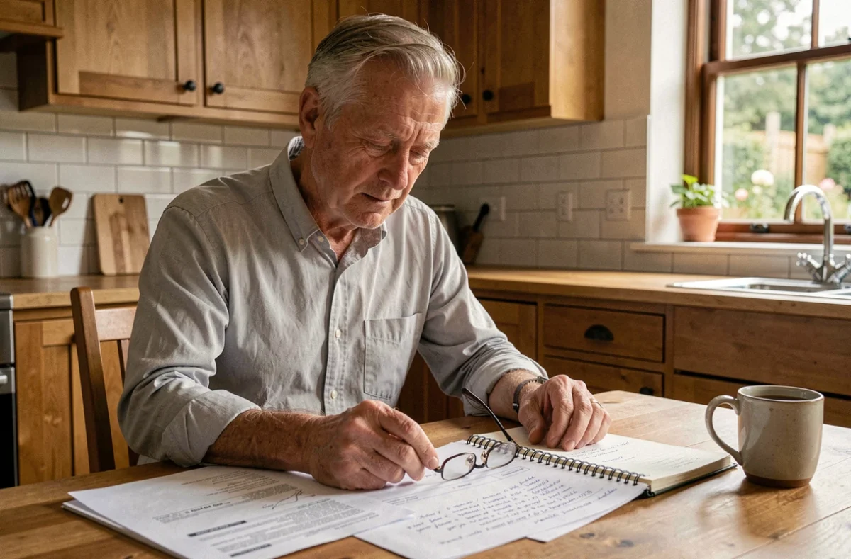 Homme senior lisant des rapports médicaux sur la récidive du cancer à la table de sa cuisine, avec des notes manuscrites