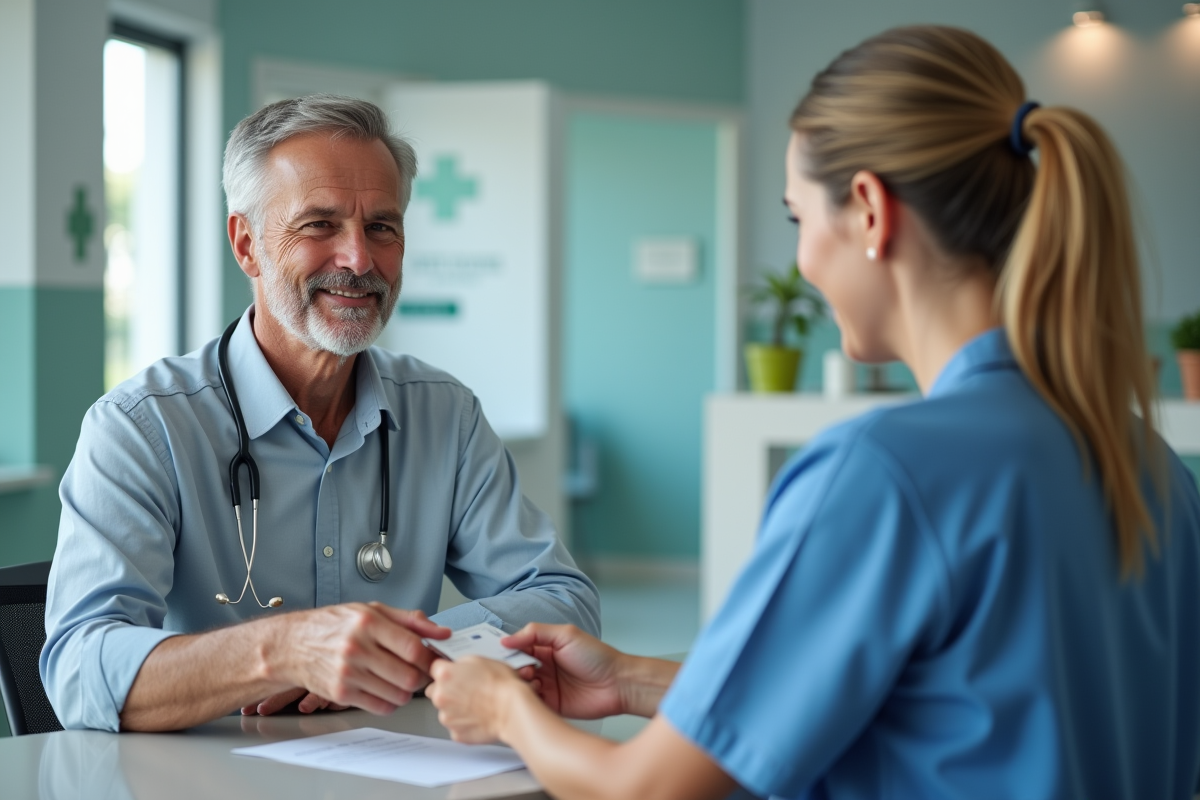Patient adulte remet sa carte d'identite a une professionnelle de santé