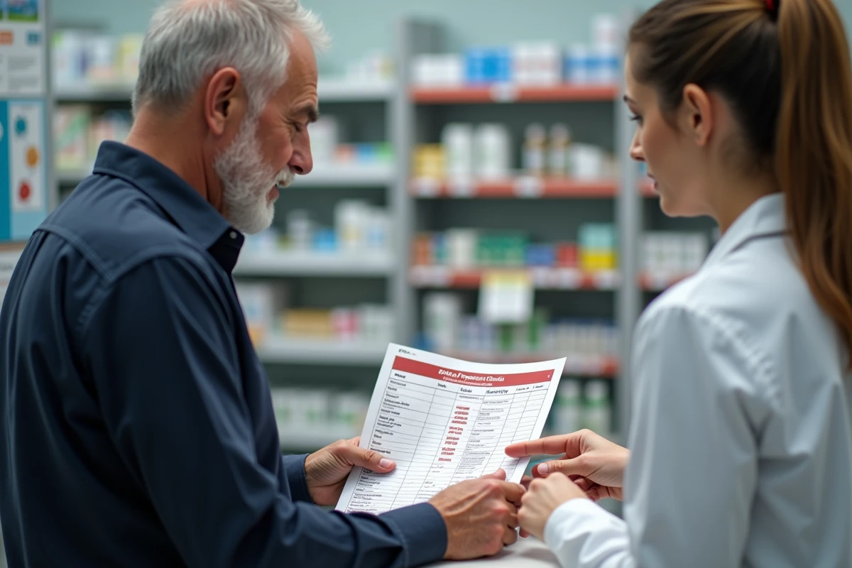 Patient en consultation avec une pharmacienne tenant un guide de régime alimentaire préparatoire à une coloscopie dans une pharmacie moderne