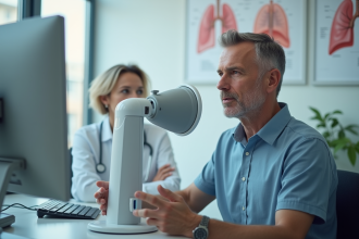 Homme d'âge moyen lors d'une consultation médicale utilisant un spiromètre