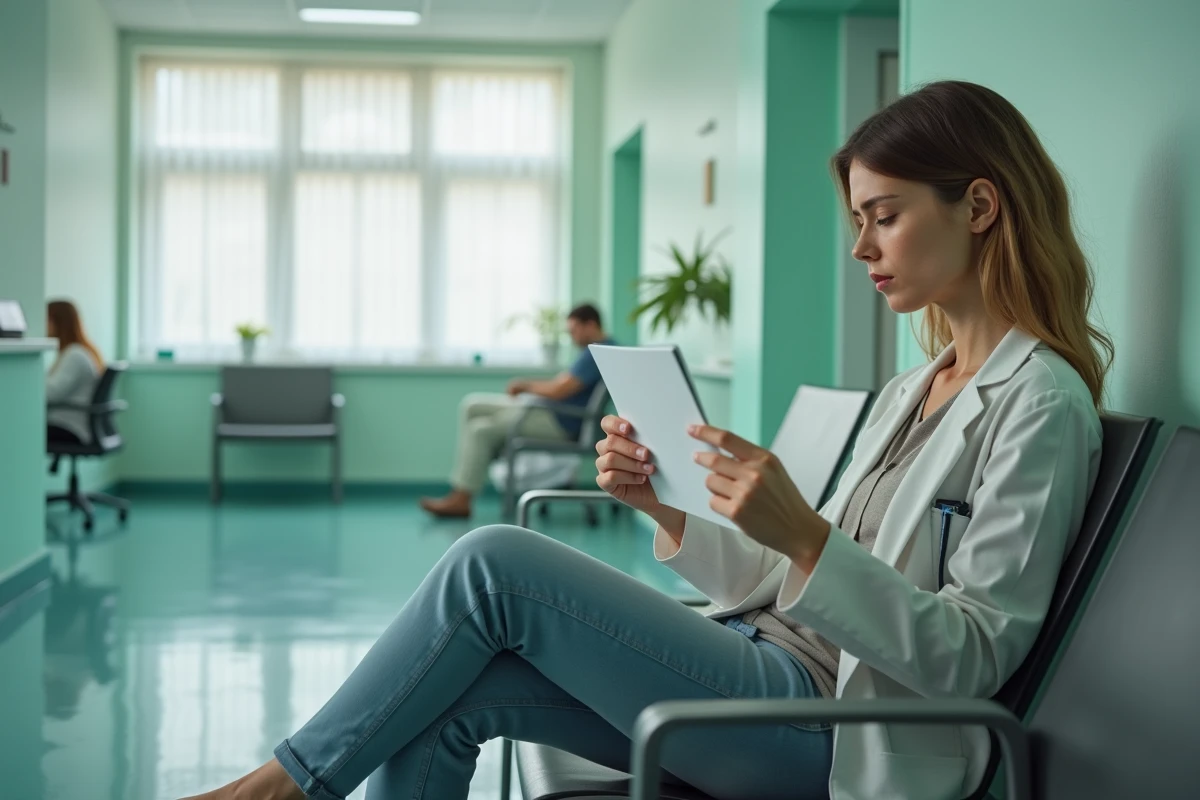 Patiente en salle d'attente tenant une enveloppe contenant des résultats d'analyse d'urine ECBU