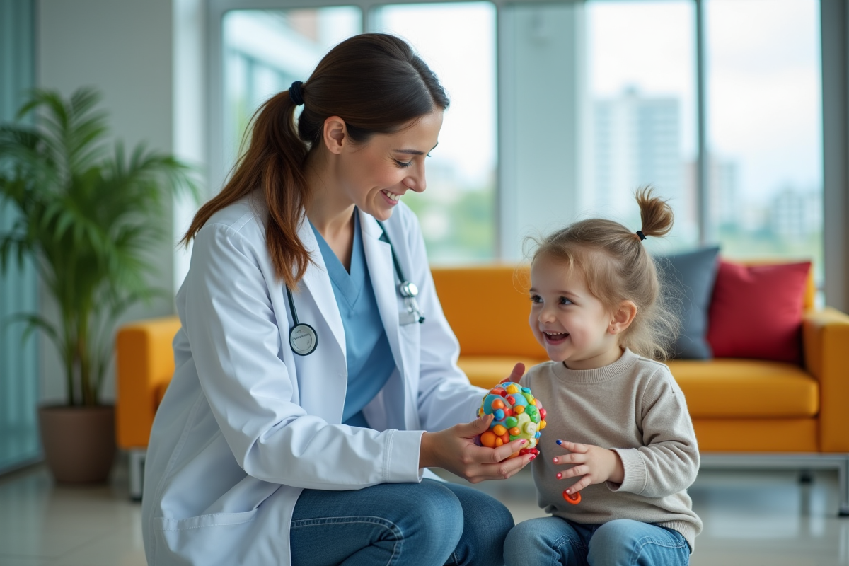 Pédiatre souriante avec un enfant dans une salle d