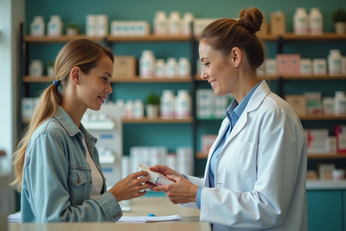 Pharmacienne conseillant une cliente sur un traitement contre les démangeaisons intimes en pharmacie