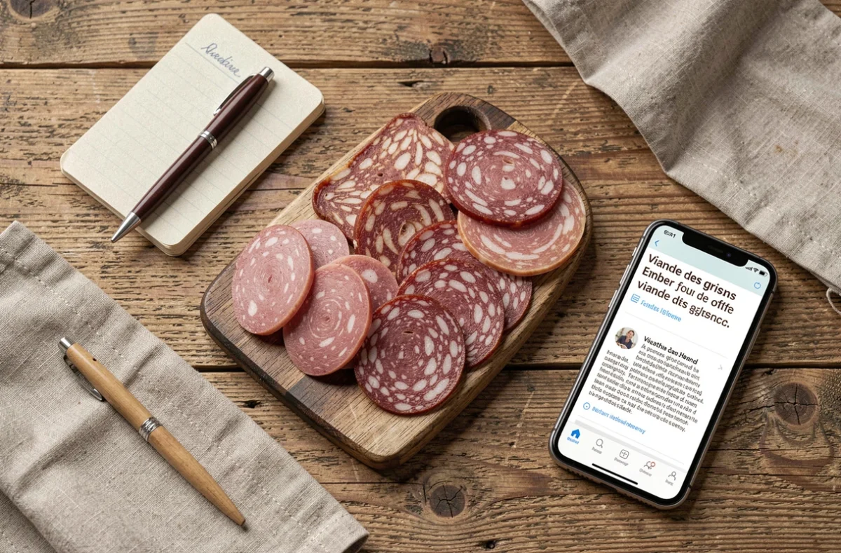 Plateau de charcuterie et viande grison sur table en bois avec carnet de notes pour futures mamans