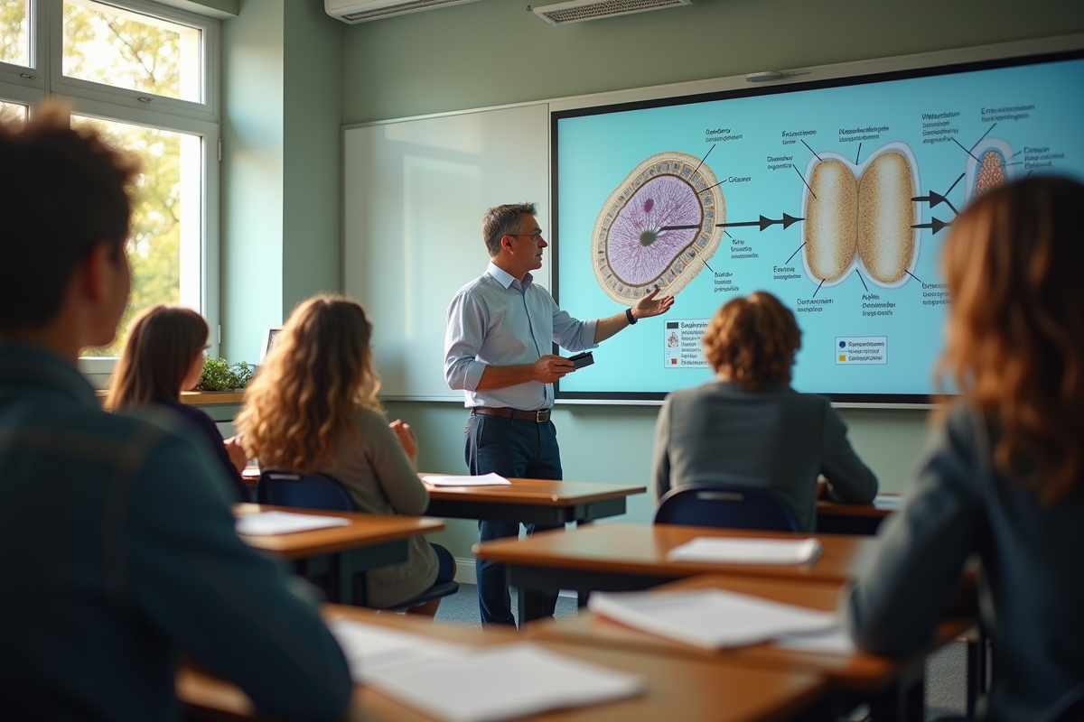Professeur explique la production denergie avec un diagramme de mitochondrie