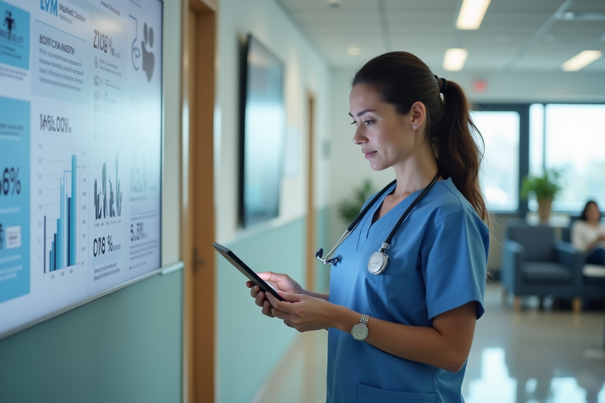 Infirmiere examine des dossiers dans une clinique moderne