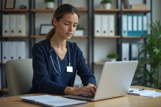 Infirmière en EHPAD configure un ordinateur dans un bureau