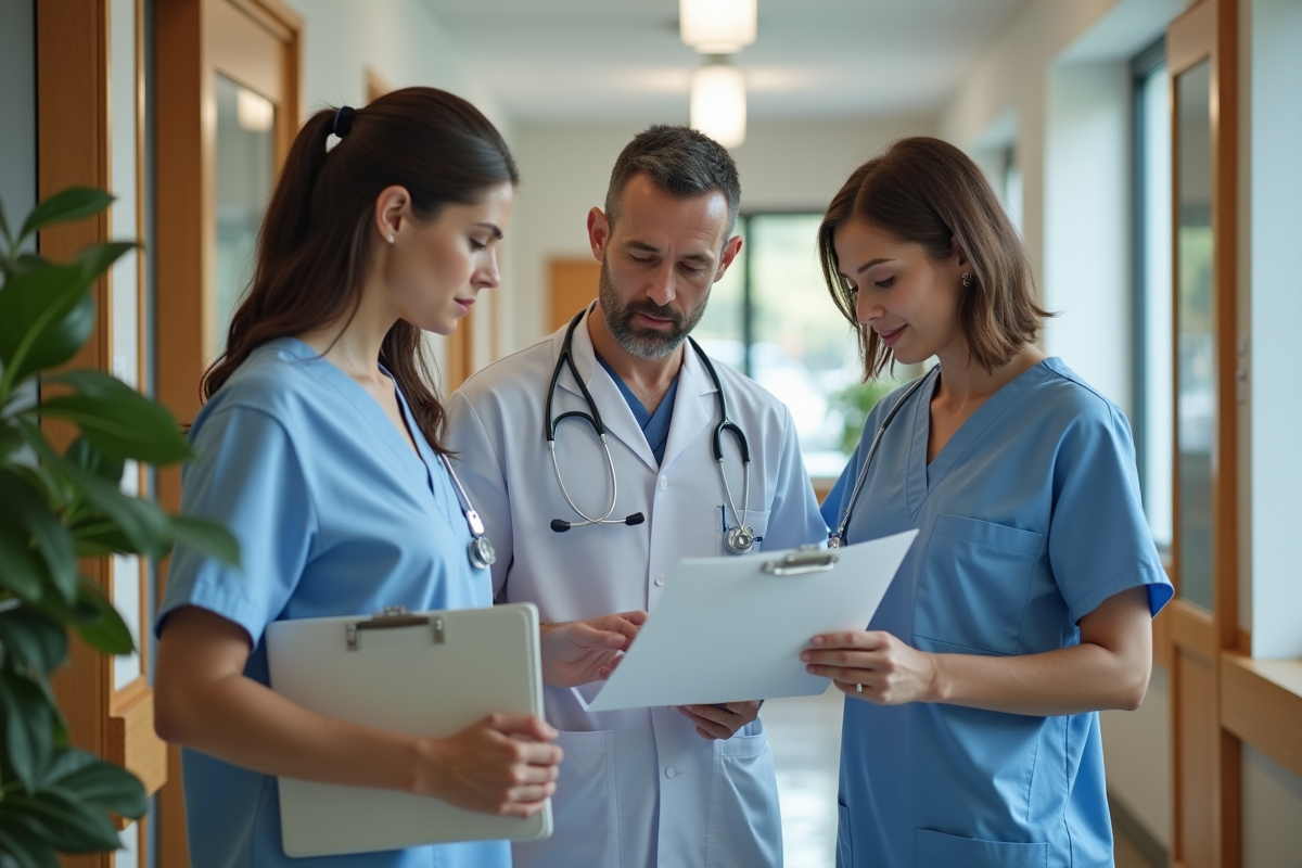 Trois professionnels de santé discutant d