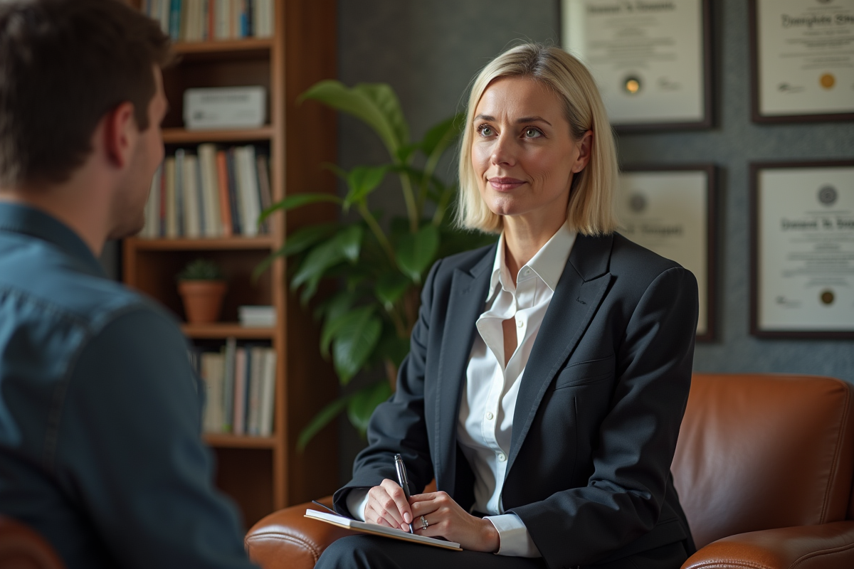 Psychiatre femme en séance dans un cabinet chaleureux