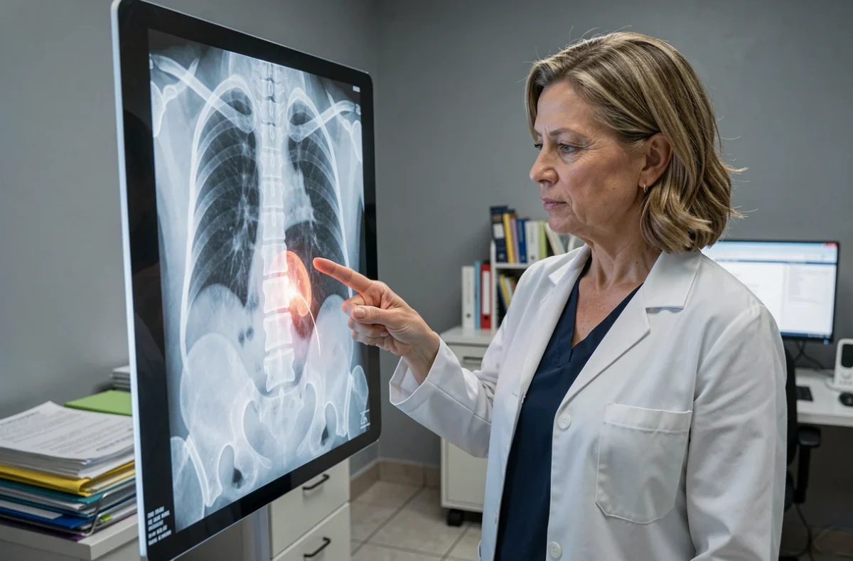 Médecin pointant une radiographie de la colonne lombaire montrant une discopathie L5-S1 en cabinet de radiologie