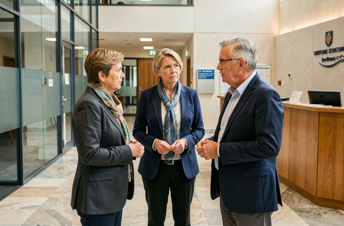 Trois professionnels discutant dans le hall d'une institution publique française, évoquant l'émotion collective suscitée par l'annonce de la maladie d'Elisabeth Guigou