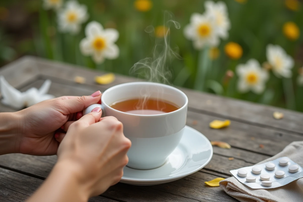 Gros plan de mains tenant une tisane avec des antihistaminiques et un mouchoir sur une table de jardin au printemps lors d'allergies saisonnières