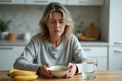 Femme préparant un repas léger avant une coloscopie avec bouillon clair et aliments doux sur une table en bois
