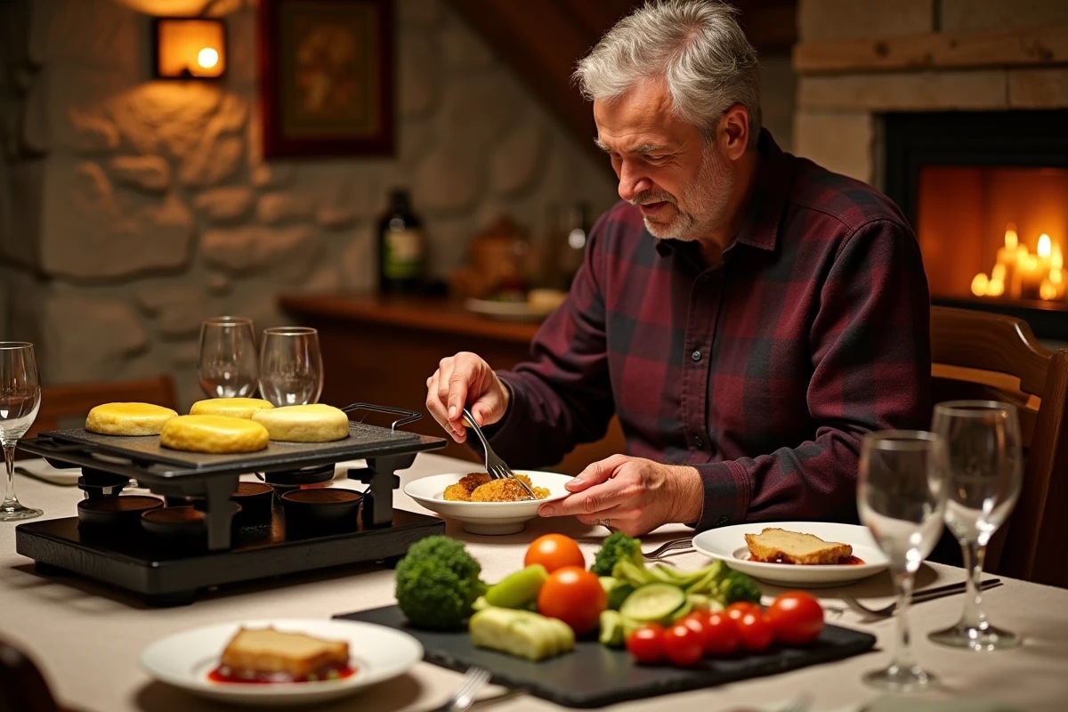Repas de raclette équilibré pour diabétique avec petites portions de fromage, légumes frais et grill traditionnel sur table de chalet
