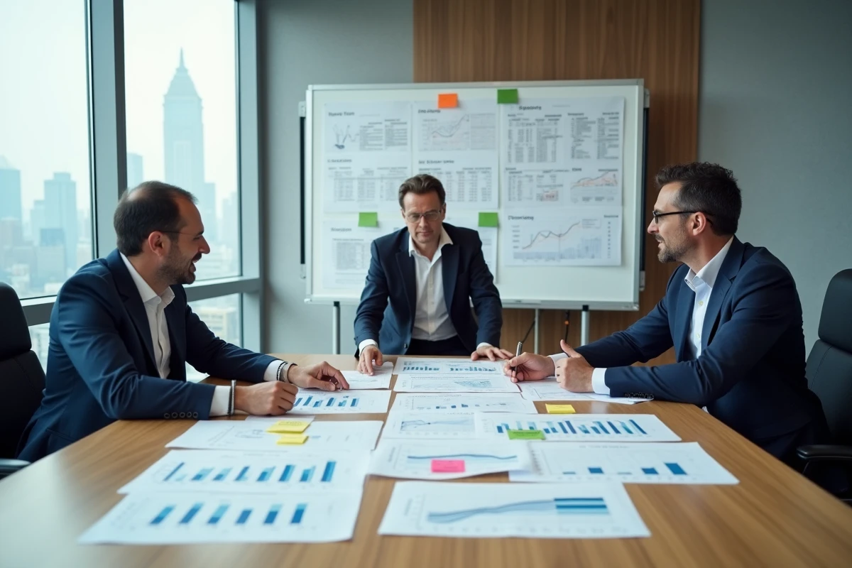 Réunion d'équipe autour de tableaux de bord financiers et d'indicateurs de gestion en salle de conférence