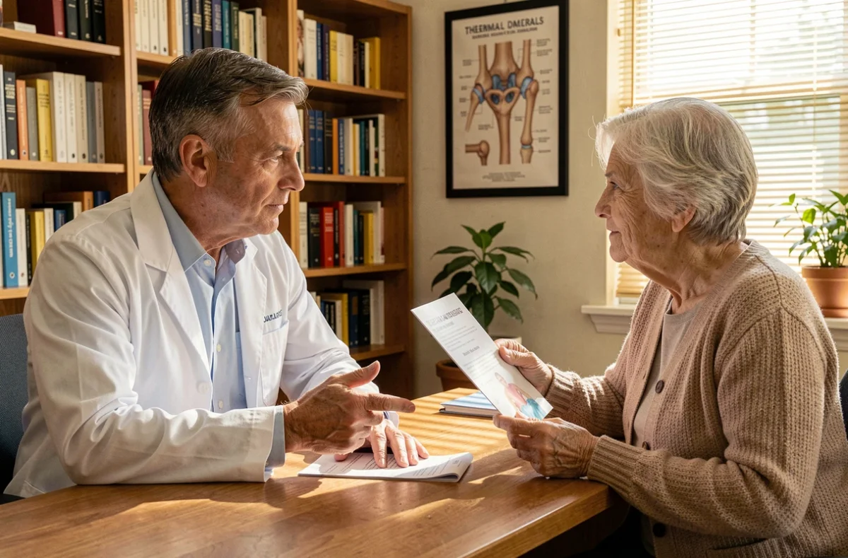 Rhumatologue en consultation expliquant les bienfaits de la cure thermale à une patiente âgée dans un cabinet médical français