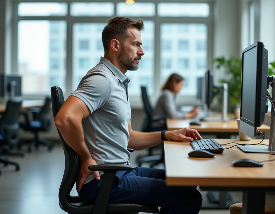 Salarié atteint de discopathie dégénérative utilisant un aménagement de poste de travail ergonomique après obtention de la RQTH
